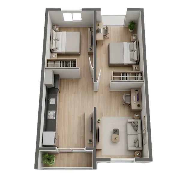 Planta Humanizada de 34m² com 2 Dormitórios e Terraço